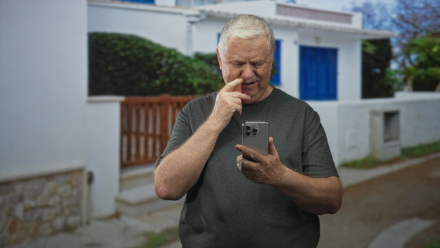 Senior man in grey t shirt holding smartphone while index finger to lips for silence on a residential street; confusion privacy concern. - Powered by Adobe