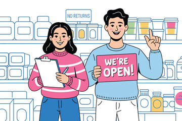 Two employees standing in front of shelves holding a we are open sign