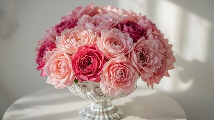 Obraz premium Bouquet of pink and red roses in a crystal vase on a white surface with soft natural light.