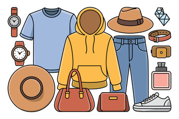 Illustration of various fashion items including clothing and accessories