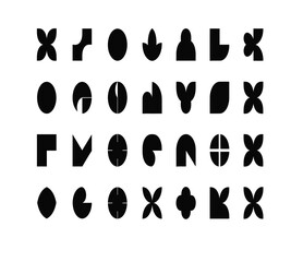 Abstract black geometric shapes and modern symbols, meticulously arranged in a grid pattern, creating a versatile design element, isolated on white background