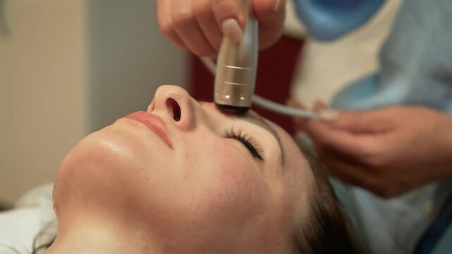 Woman undergoing relaxing face massage from trained beautician at skincare clinic. Ultrasonic Skin Tightening, Darsonval Skin Stimulation. Face therapy, skin revitalization, youth-preserving