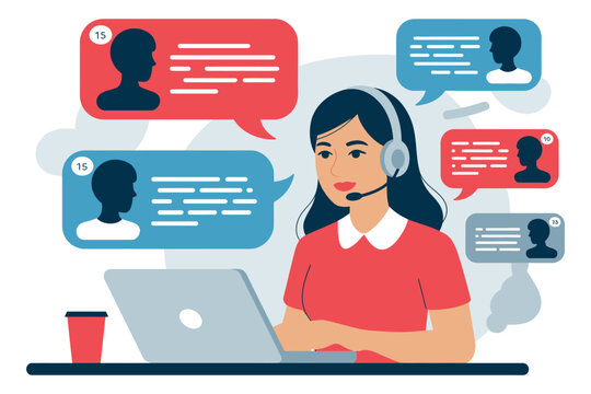 Illustration of woman with headset and laptop surrounded by chat bubbles