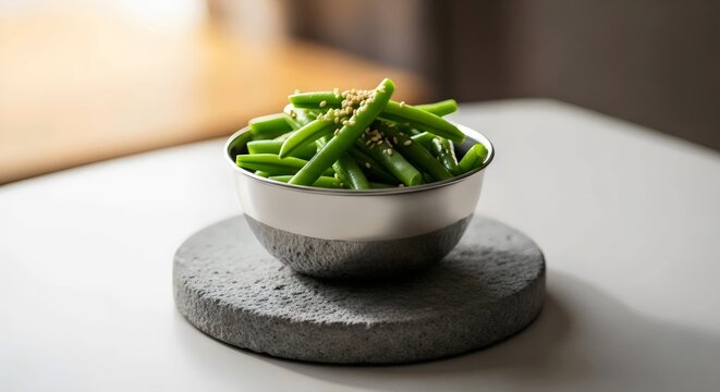 Wholesome steamed green beans topped with sesame seeds for effortless plant-based side dish and minimalist wellness inspiration