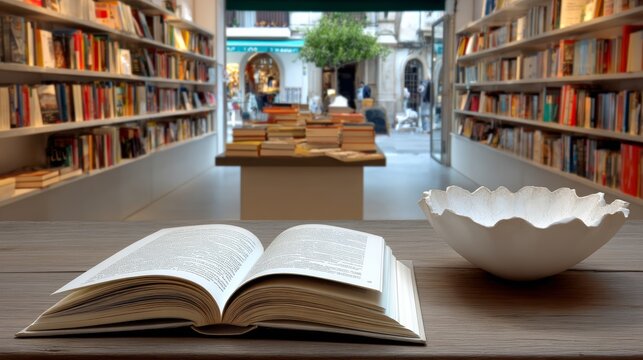 Open book resting on wooden table in a cozy bookstore, with colorful shelves filled with books and a decorative bowl in the foreground, inviting readers to explore literature