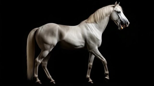 White horse walking on black background  
