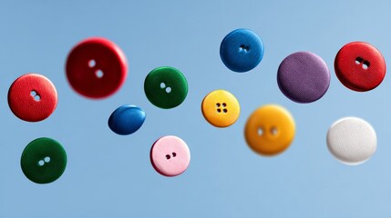 Colorful buttons in various shapes and sizes are floating against a soft blue background, creating a whimsical and playful atmosphere for creative design projects