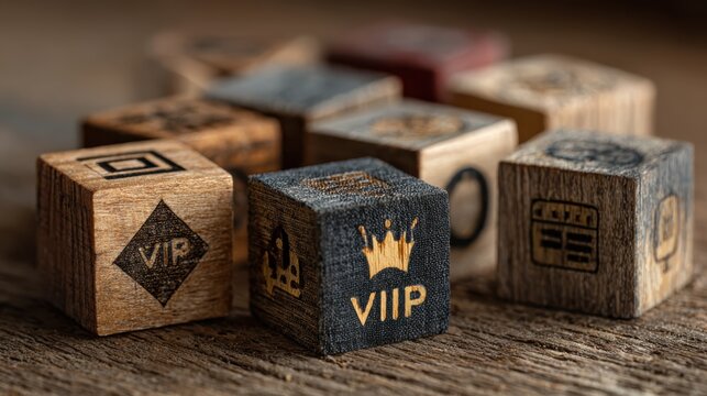Concepts of differentiation and exclusivity using decorative wooden blocks with marketing icons on a rough textured surface