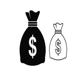 Two money bags, one solid and one outlined, both with a dollar sign, representing financial concepts such as wealth, savings, and investment, isolated on white background