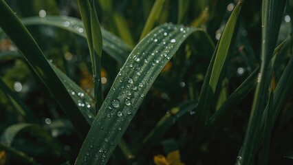 Close-up of green grass with dew drops on the leaves.