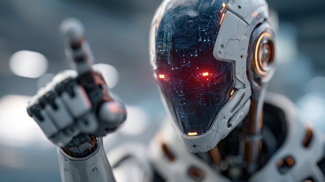 Futuristic hand with artificial intelligence touching virtual interface, showcasing data processing, technology integration, and innovation in automation