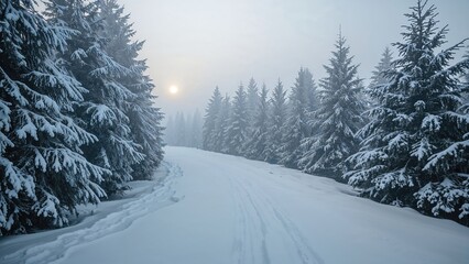 Obraz premium Snow-covered winter forest with a snow-packed road, foggy sky, and sun in the background. Cold and serene landscape.