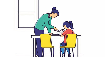 Mother helping her daughter with homework. Flat design vector illustration of homeschooling and tutoring. Education and parenting concept