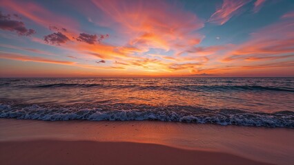 Fototapeta premium Sunset over a beach with vibrant sky colors and calm ocean waves.