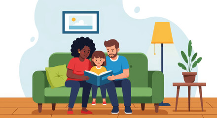 Diverse family reading a book together. Parents and daughter on sofa at home. Flat design vector illustration