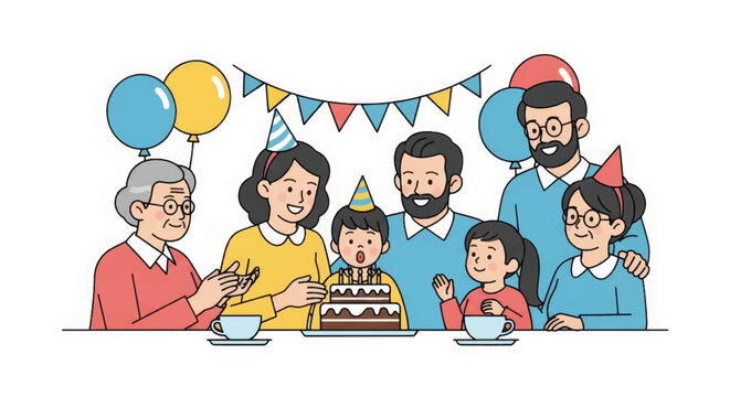 Multi-generational family celebrating a child's birthday party. Happy characters with a cake and balloons. Cartoon vector illustration
