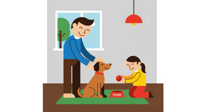 A father and daughter playing with their pet dog in a living room. Flat design vector illustration of family life. Pet care and companionship concept