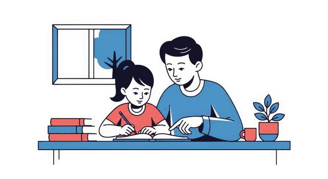 A father helping his daughter with homework. Parenting, homeschooling, and education concept. Minimalist flat design vector illustration