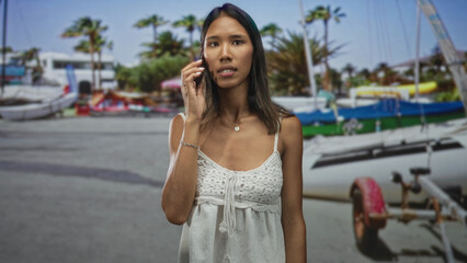Thai woman holding smartphone to ear, speaking with concerned expression on street by boats and a trailer near marina; concern communication.