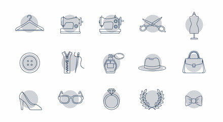 Collection of fashion and sewing related icons in a grid layout.