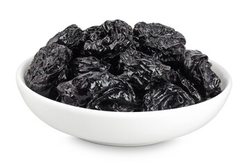 Prunes in ceramic bowl isolated on white background, heap of dried plums