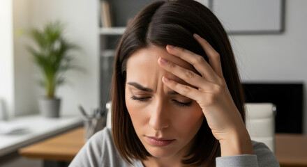 Woman with hand on forehead showing concern indoors with blurred background