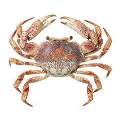 Detailed overhead studio shot of a live swimming crab with patterned carapace and strong claws, isolated for clarity.