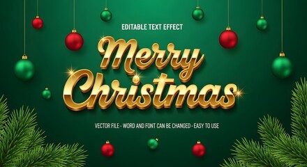 Golden merry christmas text on a green background, with festive red and green ornaments and pine branches, ideal for holiday season greetings and designs