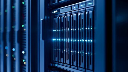 Close-up of Server Rack with SSD with Blinking Lights in Modern Datacenter. Advanced Cloud Computing and Machine Learning Concept. cinematic approach. high detail. Generative Ai - Powered by Adobe