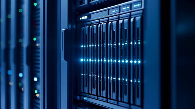 Close-up of Server Rack with SSD with Blinking Lights in Modern Datacenter. Advanced Cloud Computing and Machine Learning Concept. cinematic approach. high detail. Generative Ai