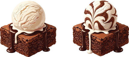 Chocolate brownie, vanilla ice cream, dessert plate, swirl sauce, sweet treat, gourmet food, rich texture, scoop topping, indulgent flavor, artistic drizzle, dessert styling, food photography,