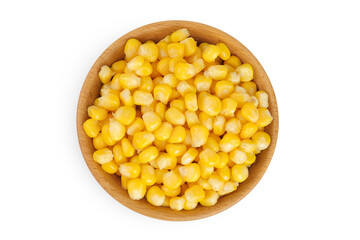 corn seeds in wooden bowl isolated on white background. Top view. Flat lay