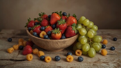 Fresh strawberries, grapes, raspberries, blueberries, and raspberries arranged in a wooden bowl on a rustic table.