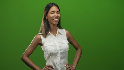 Thai woman smiling and posing with hands on hips in studio green screen wearing white sleeveless blouse and bracelet; confidence.
