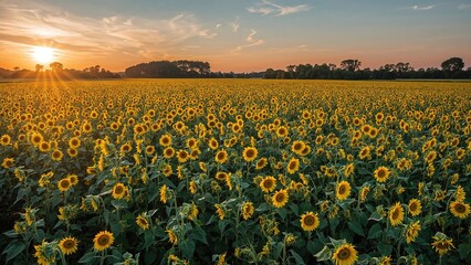 Obraz premium Sunflower field at sunset with the sun setting on the horizon, casting a warm glow over the landscape. Agriculture and nature, concept. Farming and harvest, environmental scene.