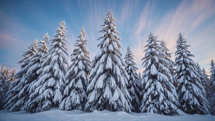 Snow-covered pine trees in a winter landscape under a colorful sky. Nature and winter scene. Forest and snow. The beauty of snowy nature.