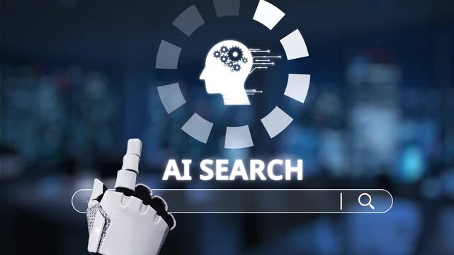 A futuristic robotic hand interacts with an AI search interface, symbolizing the synergy between technology and innovation in the realm of artificial intelligence. Synapse