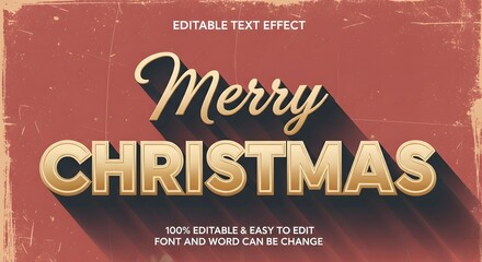 Vintage merry christmas golden text effect with a long shadow on a distressed red background, perfect for holiday designs, greeting cards, and festive promotions