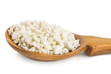 Cottage Cheese, Curd in wooden spoon isolated on white background with full depth of field