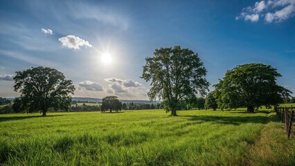 Fototapeta premium Open grassy field with trees under bright sun and blue sky, with clouds; natural rural landscape scene.