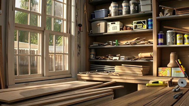 Explore a well-organized woodworking space filled with tools and materials ideal for various creative projects
