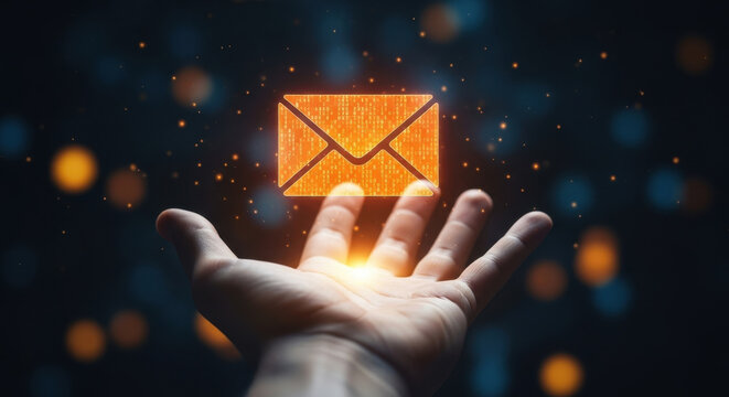 Orange digital envelope icon floating above open hand with bokeh lights palm fingers