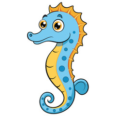 Cheerful Blue Seahorse Cartoon with Yellow Accents on White Background