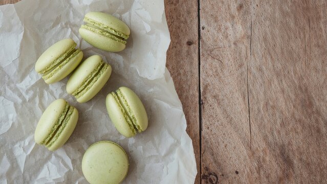 Six green macarons on crumpled parchment paper with one whole and one broken macaron, on a rustic wooden surface.