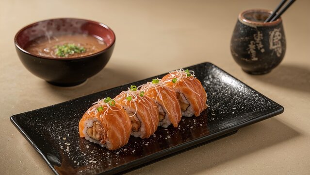 Sushi rolls with soup and condiments on a black plate, Japanese cuisine. Traditional and modern food presentation. The concept of sushi and Japanese dining culture.