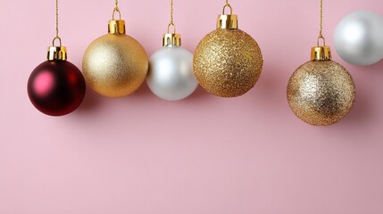 Obraz premium Colorful Christmas ornaments in red, gold, silver, and glittering finishes, hanging elegantly against a soft pink background, creating a festive holiday atmosphere with vibrant decorations