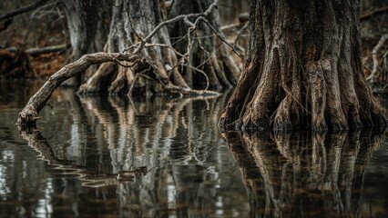 Obraz premium Swamp forest with large tree roots and calm water reflecting the trees. Nature and woodland scene. Wetland environment with submerged roots and tranquil water.