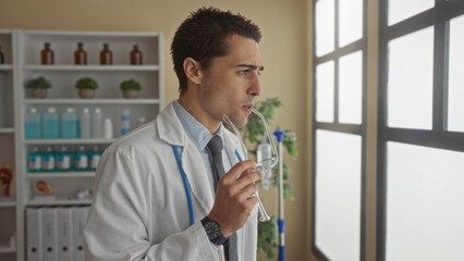 Hispanic male doctor with stethoscope and uniform in clinical setting, reflecting in thoughtfully poised demeanor within a hospital room, evoking modern healthcare professionalism.