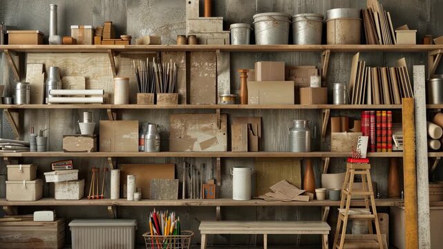 Crafting materials and tools are neatly arranged on wooden shelves, creating a well-stocked workspace ideal for projects