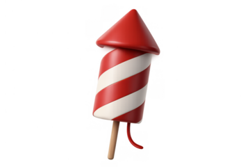 Red and white striped firework rocket 3d rendering for party celebration and holiday events with transparent background
